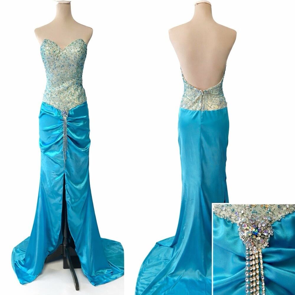 Vintage Prom Dress‎ Maxi Teal Y2K Glam Strapless Beaded Train Sz 6 Satin Mermaid